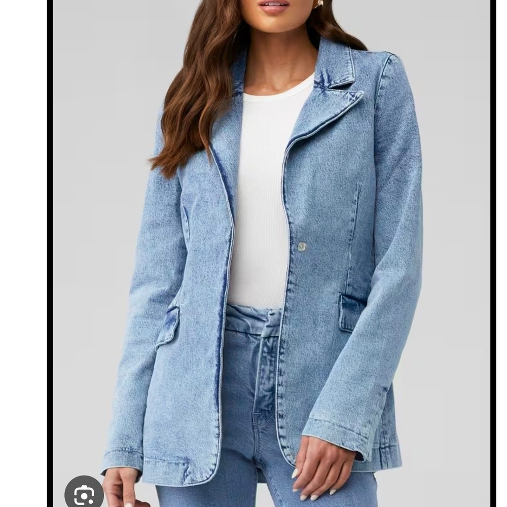Good American Cotton Denim Uniform Fitted Blazer Light Blue Acid Wash Jacket